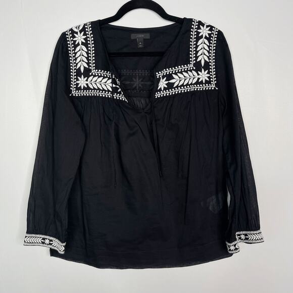 J Crew Womens XSmall Black White Embroidered Semolina Top Indian Voile Peasant - Picture 1 of 12
